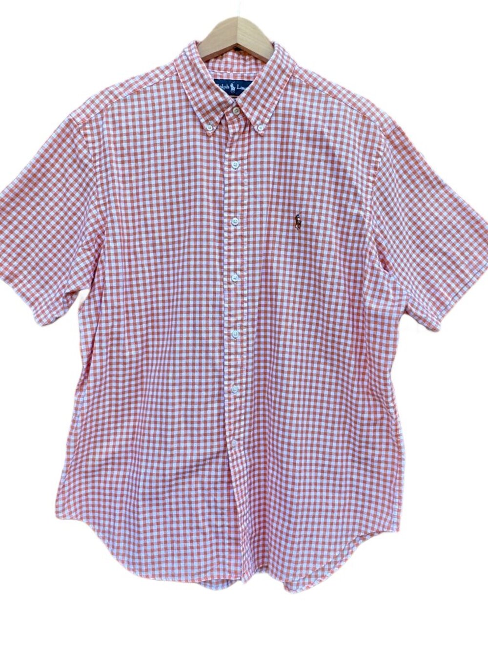 VTG Ralph Lauren Button Down Shirt Mens XL Orange White Gingham Classic Fit